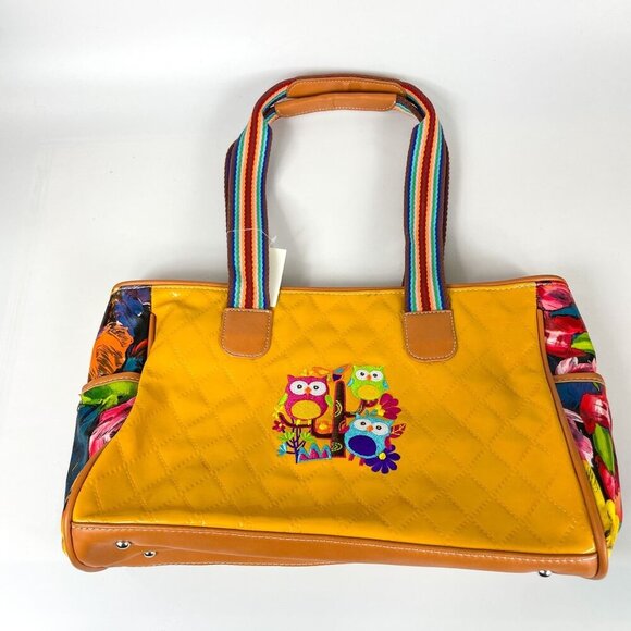 Yellow Patent Leather Quilted Tote Bag Owl Embroidery - Picture 1 of 7